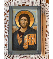 Jesus Christ Pantocrator of Sinai. Size 6.2x9.8 inches. Copy of ancient Icon, Orthodox Byzantine Icon, Hand Painted, Egg Mineral Tempera, Made to Order