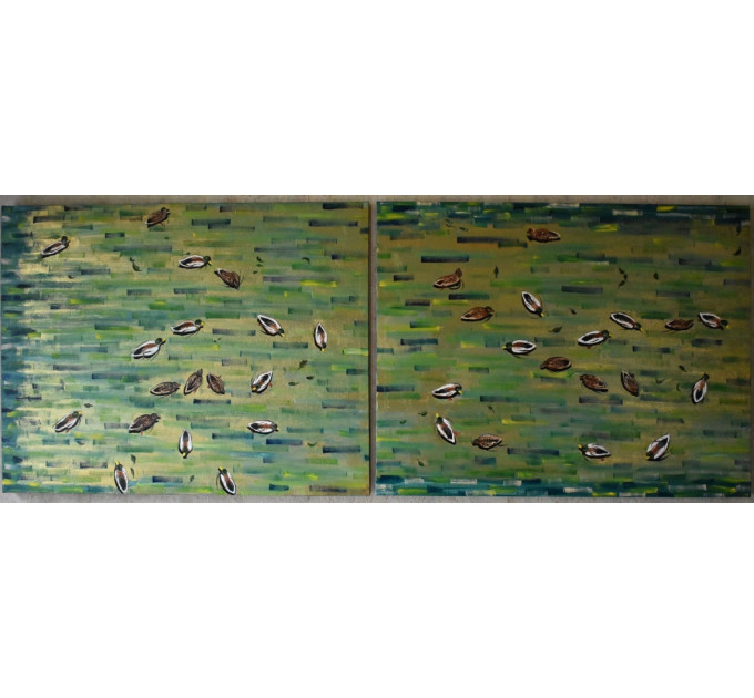 Oil painting duck in the lake duck in the river golden water mixed media double big painting 
