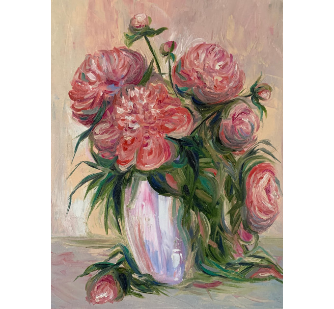 Oil painting peonies in a vase, oil on canvas, flowers in a vase, painting available