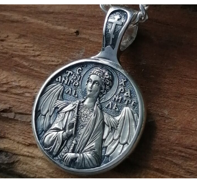 Orthodox Guardian Angel medallion, prayer pendant, body icon, silver pendant, handmade medallion